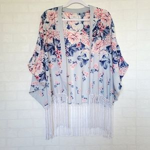 Abercrombie & Fitch Fringe Blue Floral Kimono Poncho
